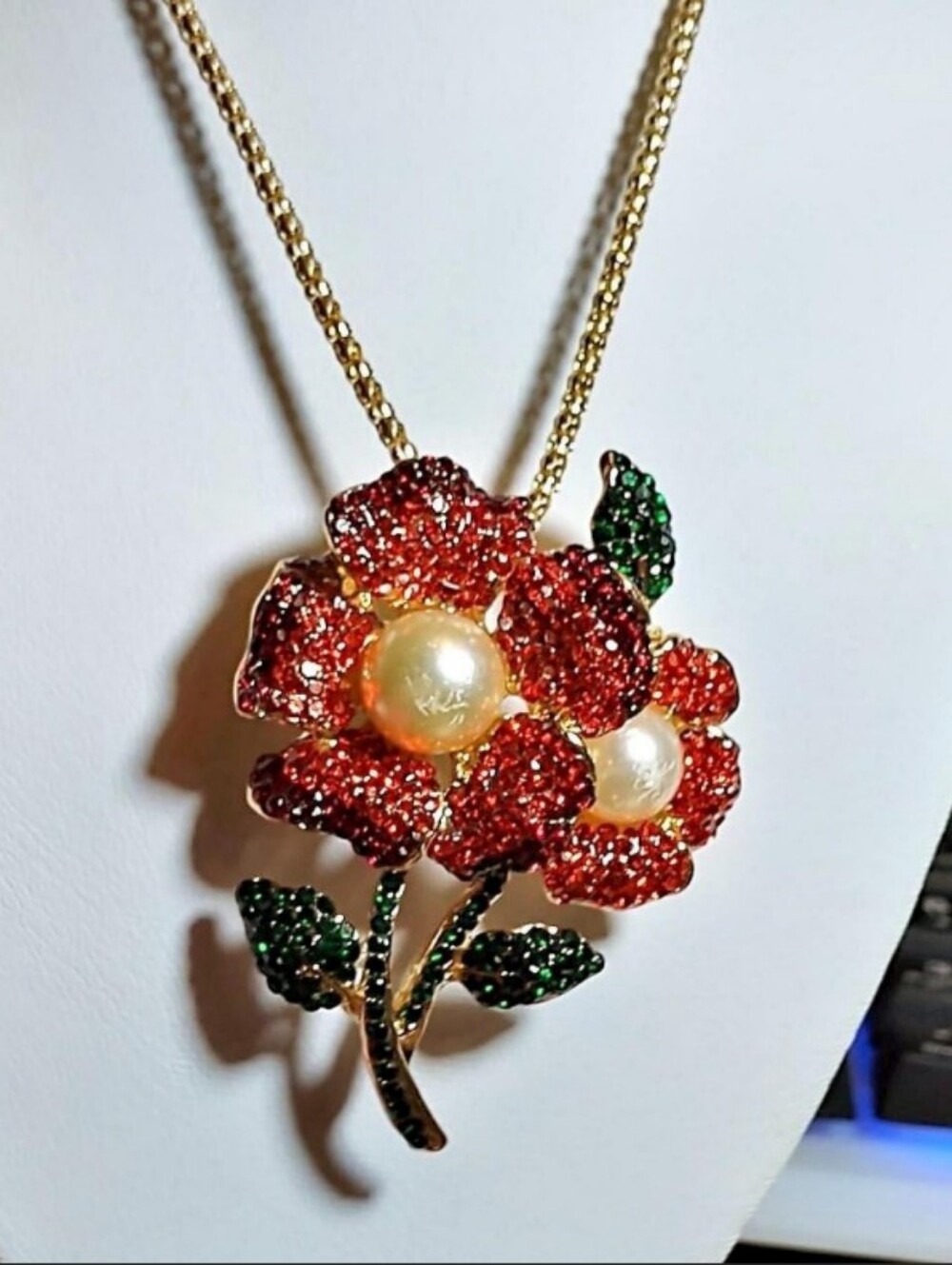 Betsey Johnson Red Crystal Flower Pendant Necklace with Pearl Accents